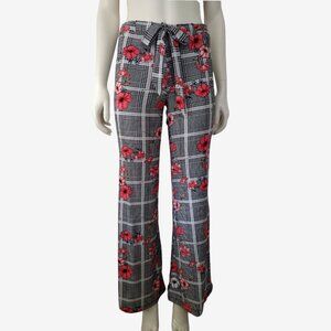 Vintage Y2K Stretch Knit Houndstooth Check Floral Print Wide Leg Pants